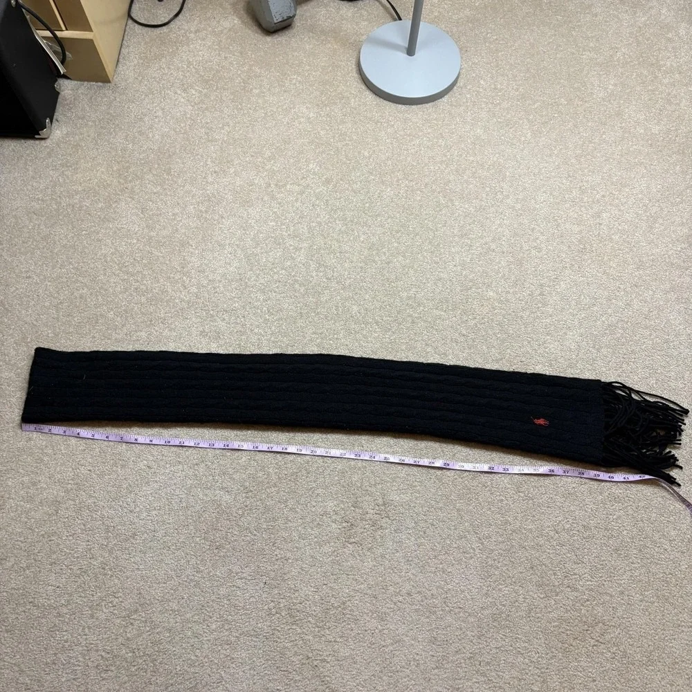 Polo Ralph Lauren Scarf One Size Black Merino Wool Cashmere Cable Knit Fringe